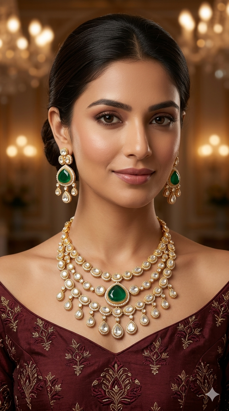 Gold Uncut Green Kundan Necklace Jewellery Erin Set