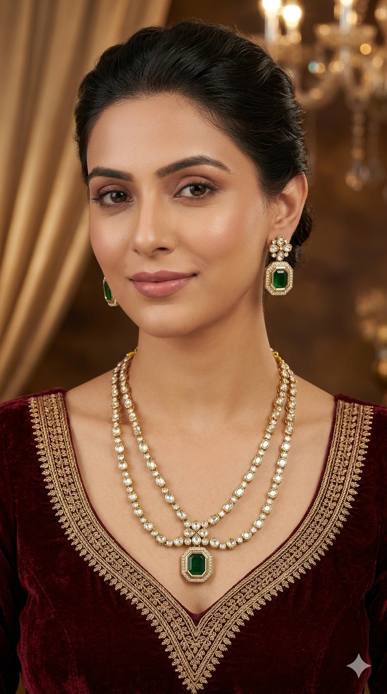 Antique Moissanite Green Kundan Necklace Jewellery Erin Set