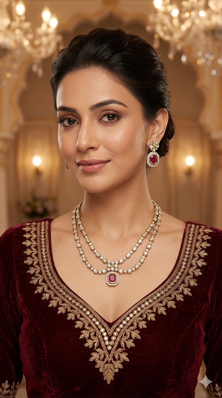 Antique Moissanite Ruby Kundan Necklace Jewellery Erin Set