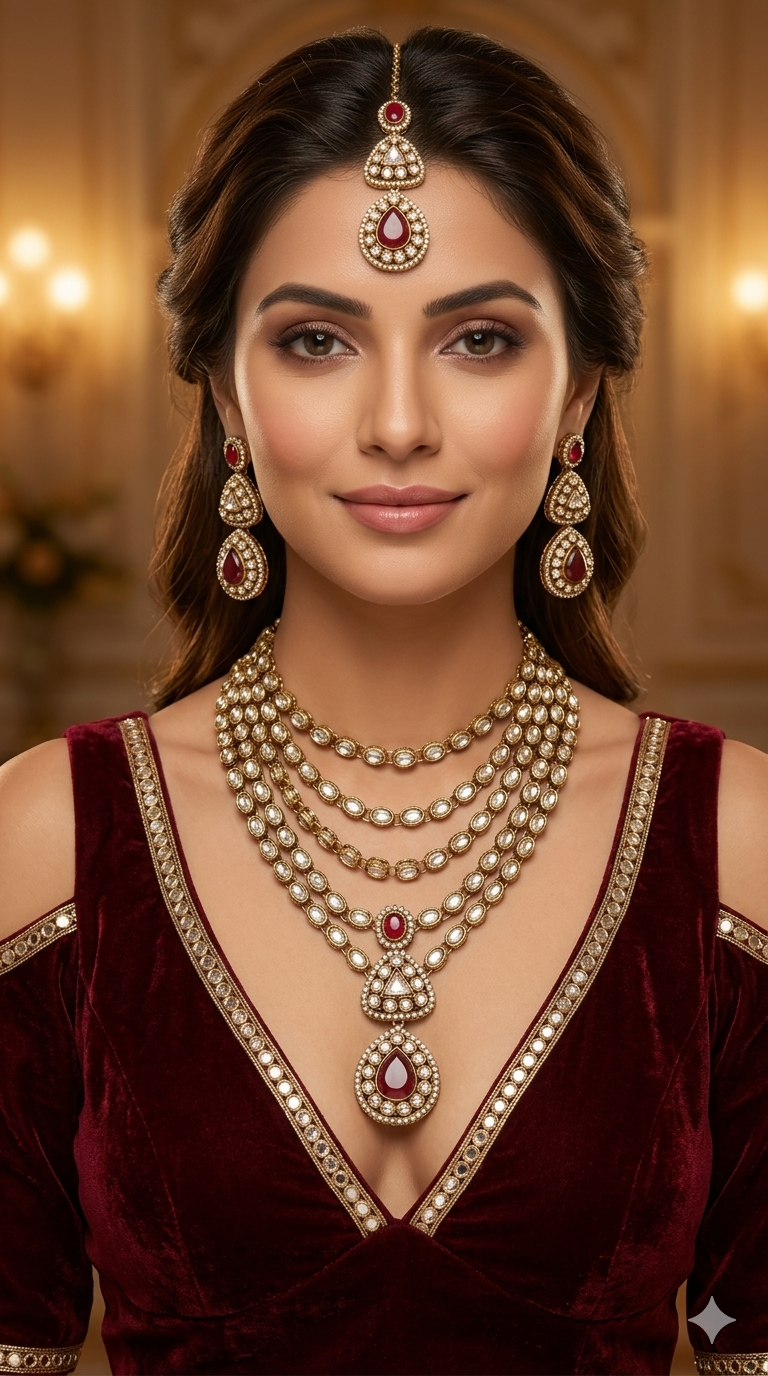 Gold Moissanite Maroon Kundan Necklace Jewellery Shipa Set