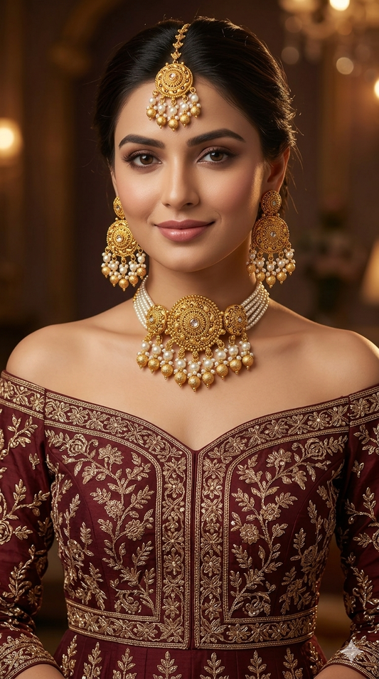 Gold White Polki Choker Jewellery Polki Lipi Set