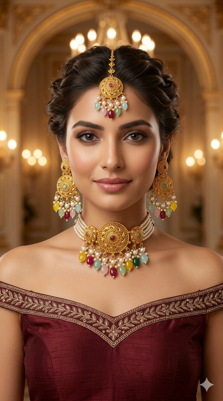 Gold Multi Color Polki Choker Jewellery Polki Lipi Set