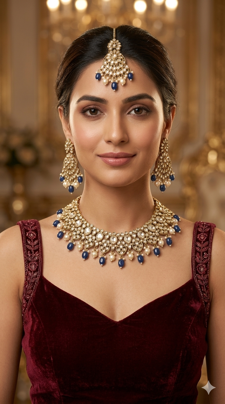 Blue Antique Gold Necklace Jewellery Rasha Set