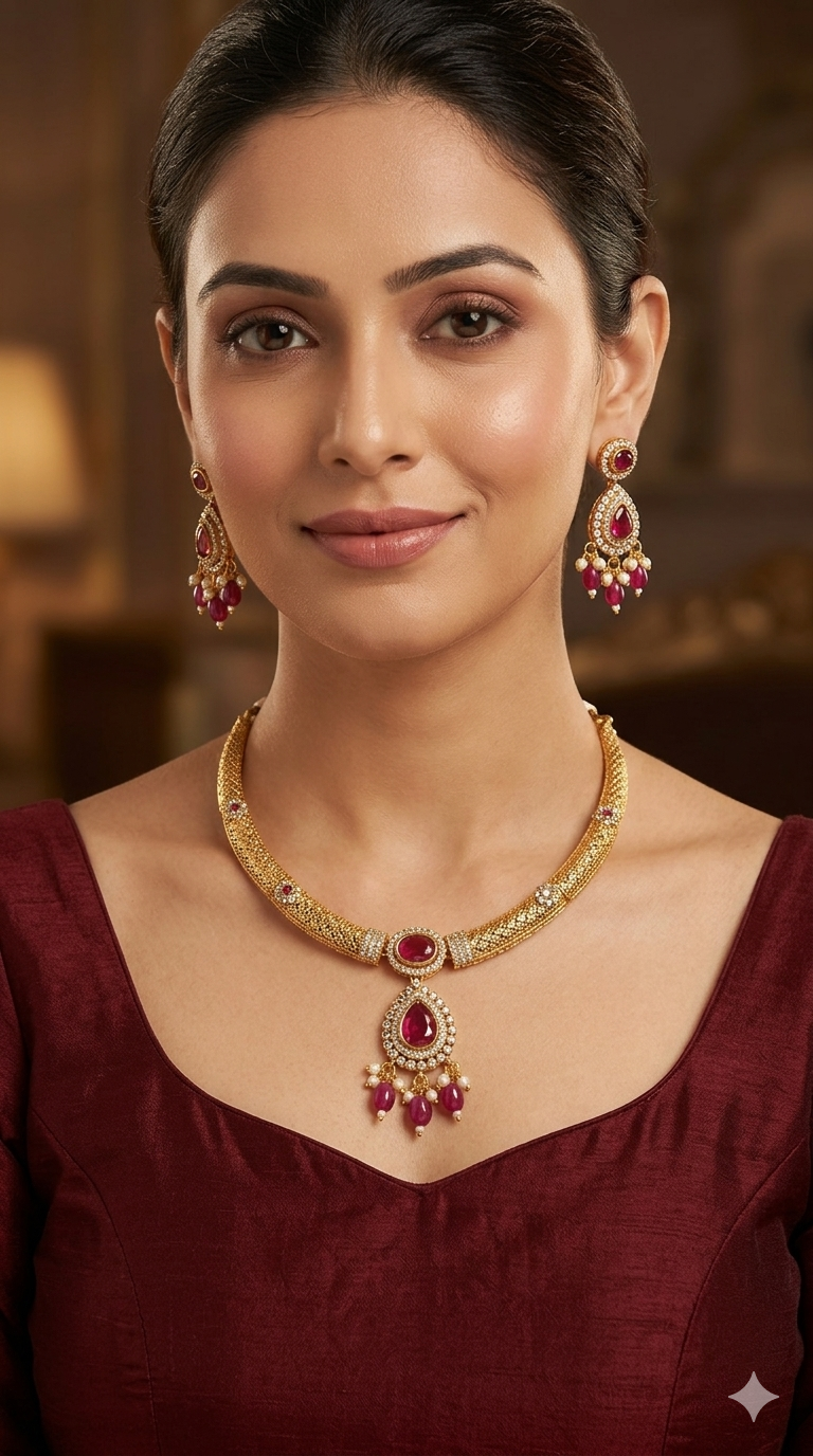 Gold Ruby CZ Necklace Jewellery Simi Set