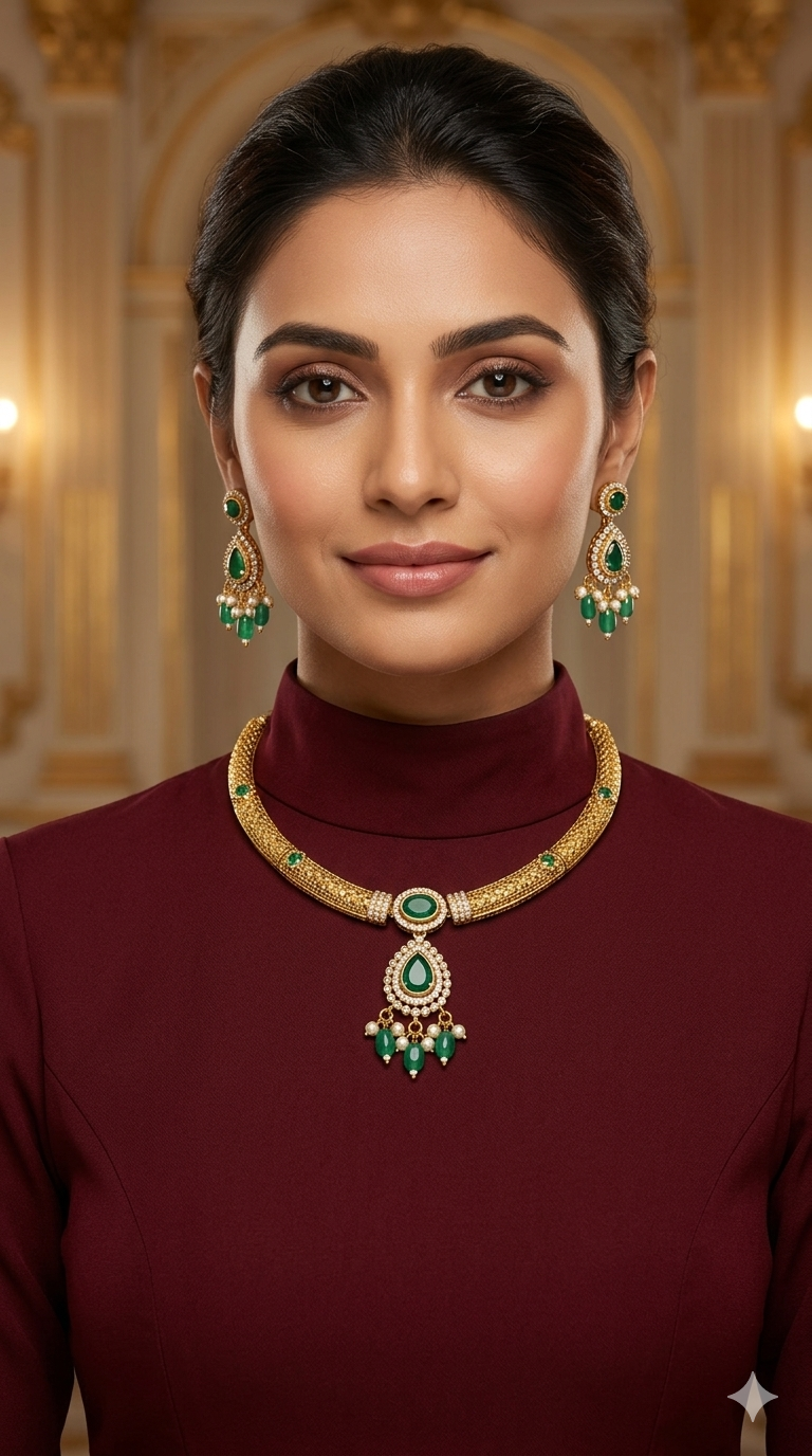 Gold Green CZ Necklace Jewellery Simi Set
