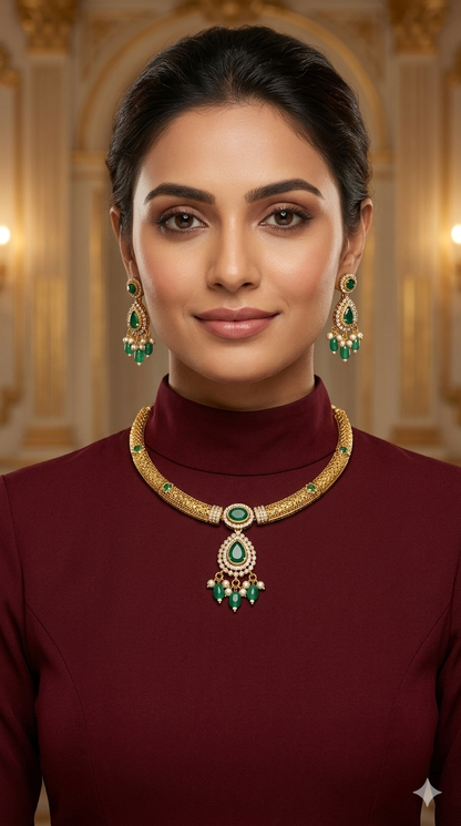 Gold Green CZ Necklace Jewellery Simi Set