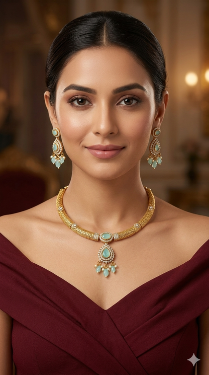 Gold Mint CZ Necklace Jewellery Simi Set