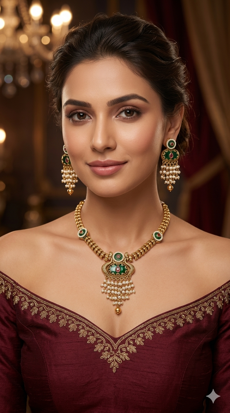 Gold Polki Ruby Green Necklace Jewellery Adya Set