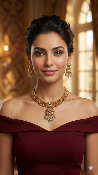 Gold Polki Ruby Sage Green Necklace Jewellery Adya Set