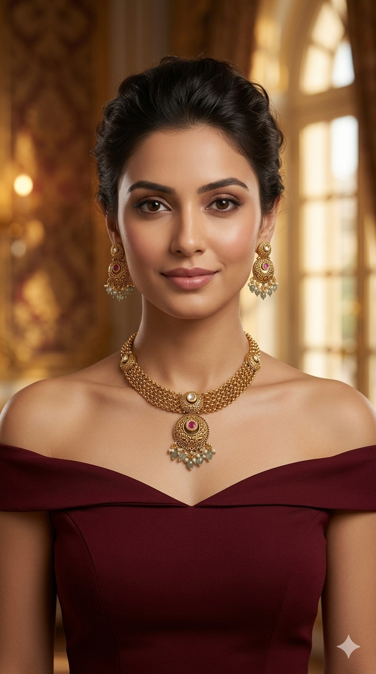 Gold Polki Ruby Sage Green Necklace Jewellery Adya Set