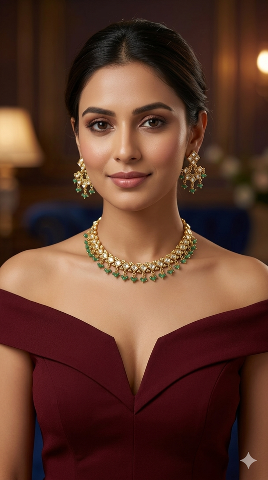 Gold Polki Sage Green Necklace Jewellery Adya Set