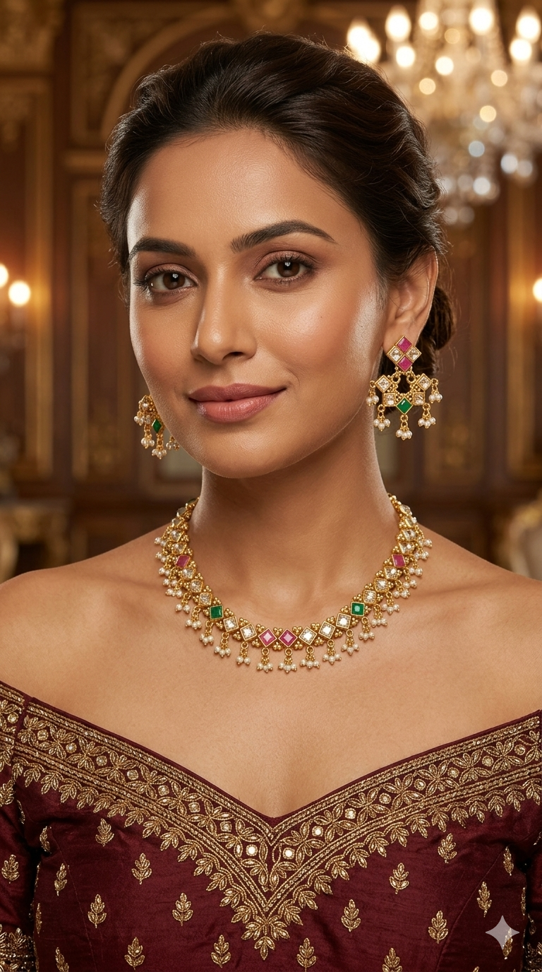 Gold Polki Ruby Green Necklace Jewellery Adya Set