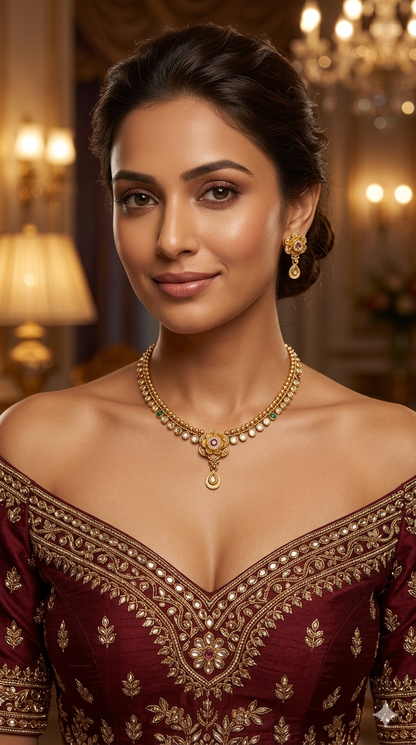 Gold Polki Ruby Green Necklace Jewellery Adya Set
