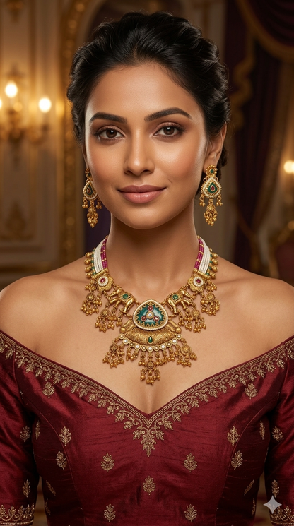 Gold Polki Ruby Sage Green Necklace Jewellery Adya Set