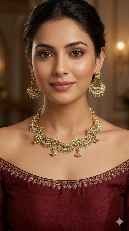 Gold Polki Ruby Sage Green Necklace Jewellery Adya Set