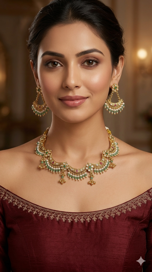 Gold Polki Ruby Sage Green Necklace Jewellery Adya Set