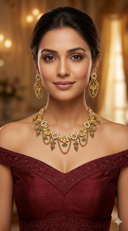 Gold Polki Ruby Sage Green Necklace Jewellery Adya Set