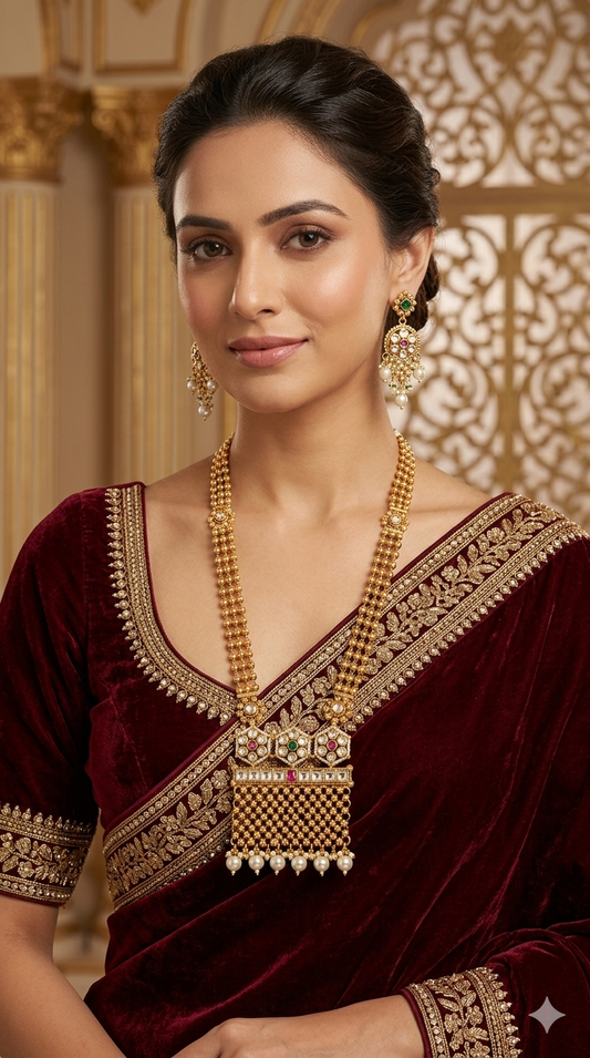 Gold Polki Ruby Green Long Rani Haar Necklace Anaya Jewellery Set