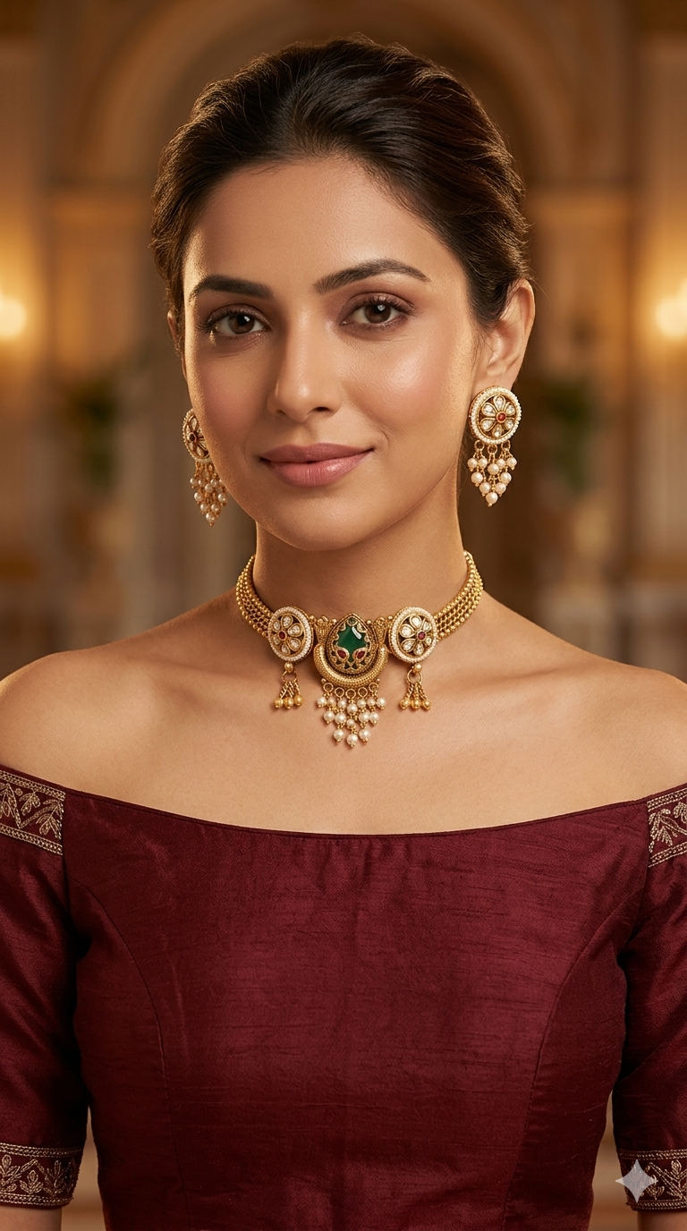 Gold Polki Ruby Sage Green Choker Yuka Jewellery Polki Set