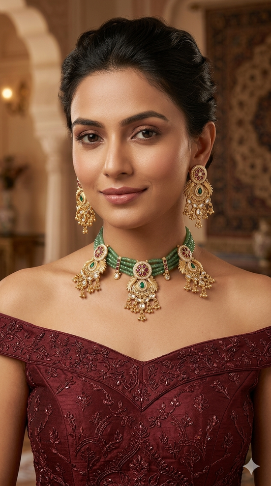 Gold Polki Ruby Sage Green Choker Yuka Jewellery Polki Set