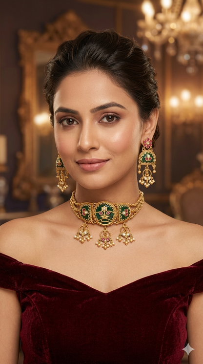 Gold Polki Ruby Green Choker Yuka Jewellery Polki Set