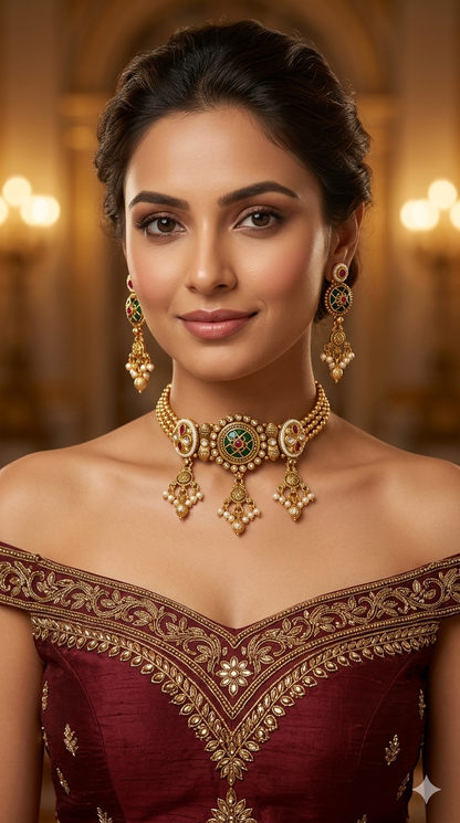 Gold Polki Ruby Green Choker Yuka Jewellery Polki Set