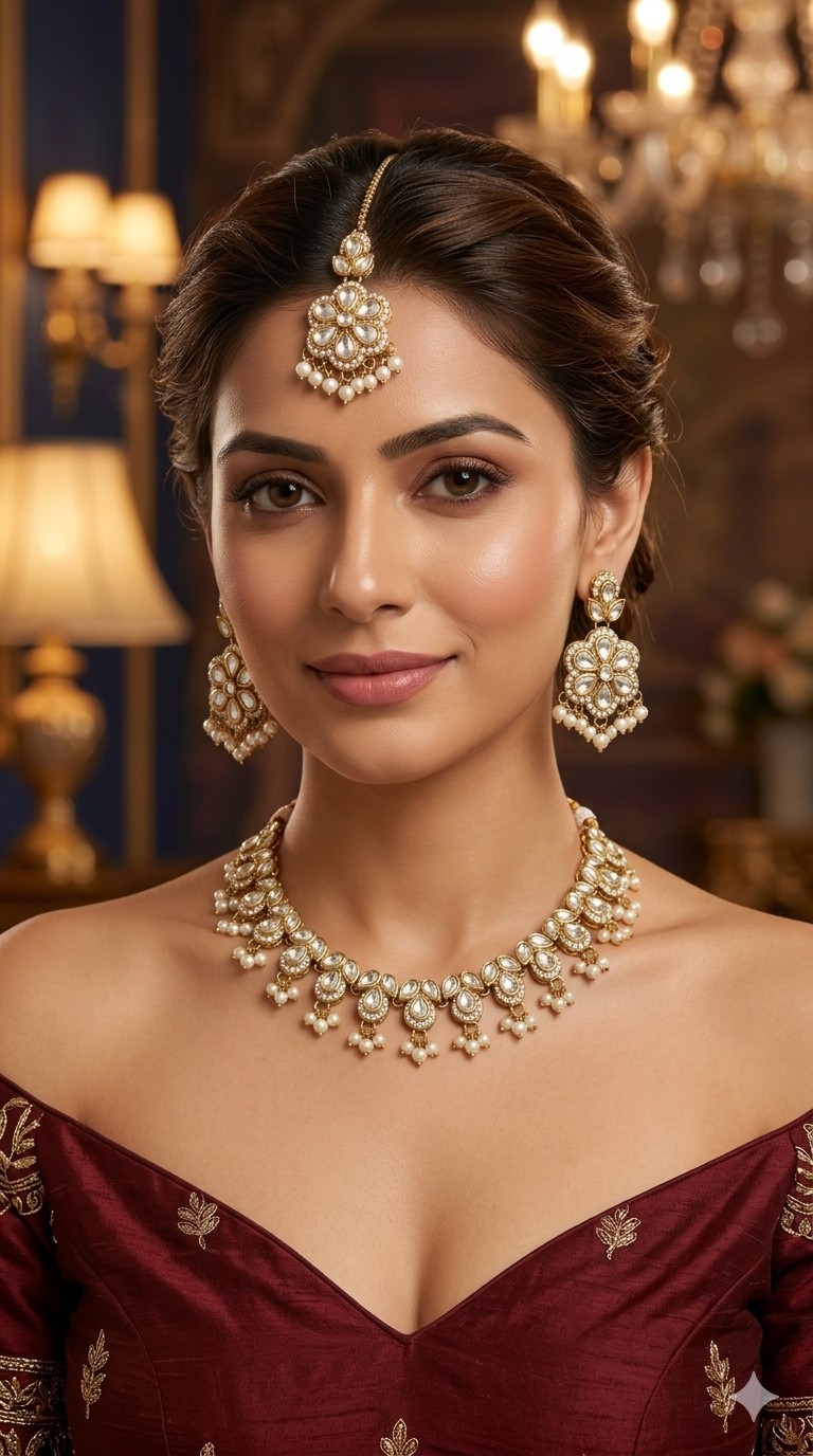 Antique Gold Moissanite Kundan Necklace Jewellery Manddy Set