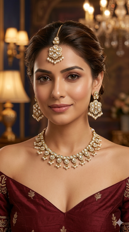 Antique Gold Moissanite Kundan Necklace Jewellery Manddy Set