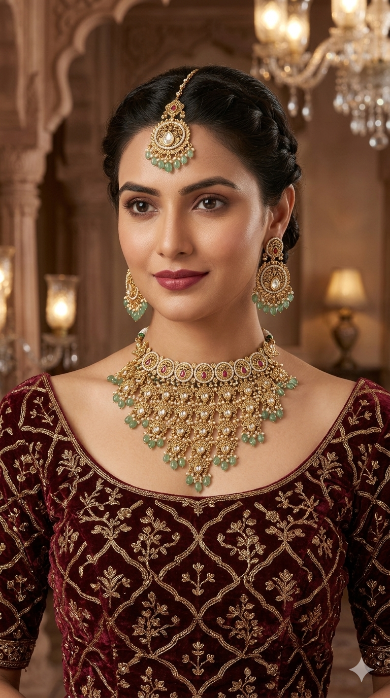 Gold Polki Ruby Sage Green Choker Jewellery Akash Polki Set