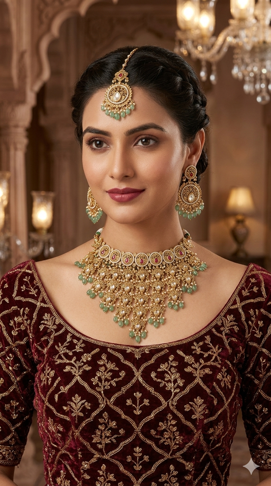 Gold Polki Ruby Sage Green Choker Jewellery Akash Polki Set