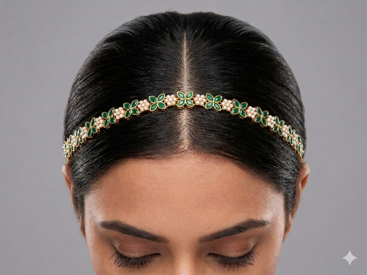 Gold Green Kundan Sheesh Phool Headpiece Matha Patti