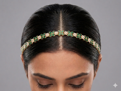 Gold Green Kundan Sheesh Phool Headpiece Matha Patti