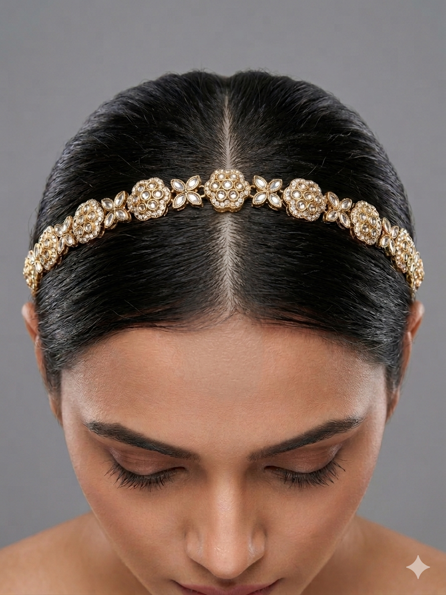 Gold White Kundan Sheesh Phool Headpiece Matha Patti