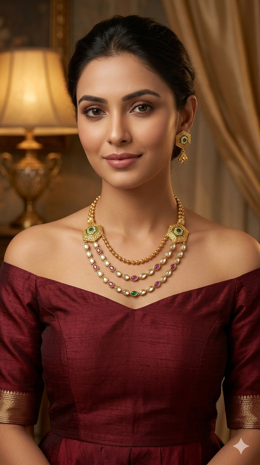 Gold Ruby Green Polki Necklace Jewellery Harveen Set