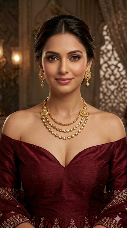 Gold White Polki Necklace Jewellery Harveen Set