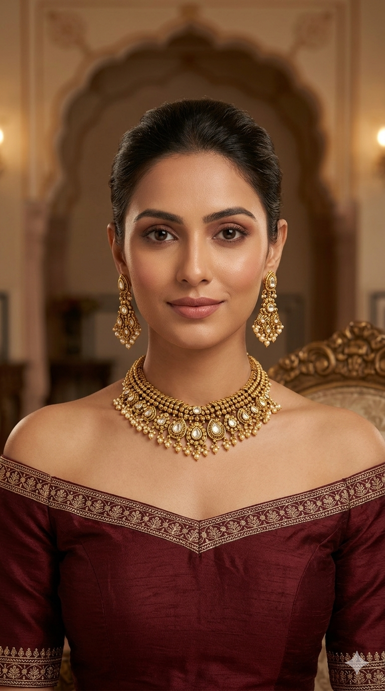 Gold White Polki Necklace Jewellery Harveen Set