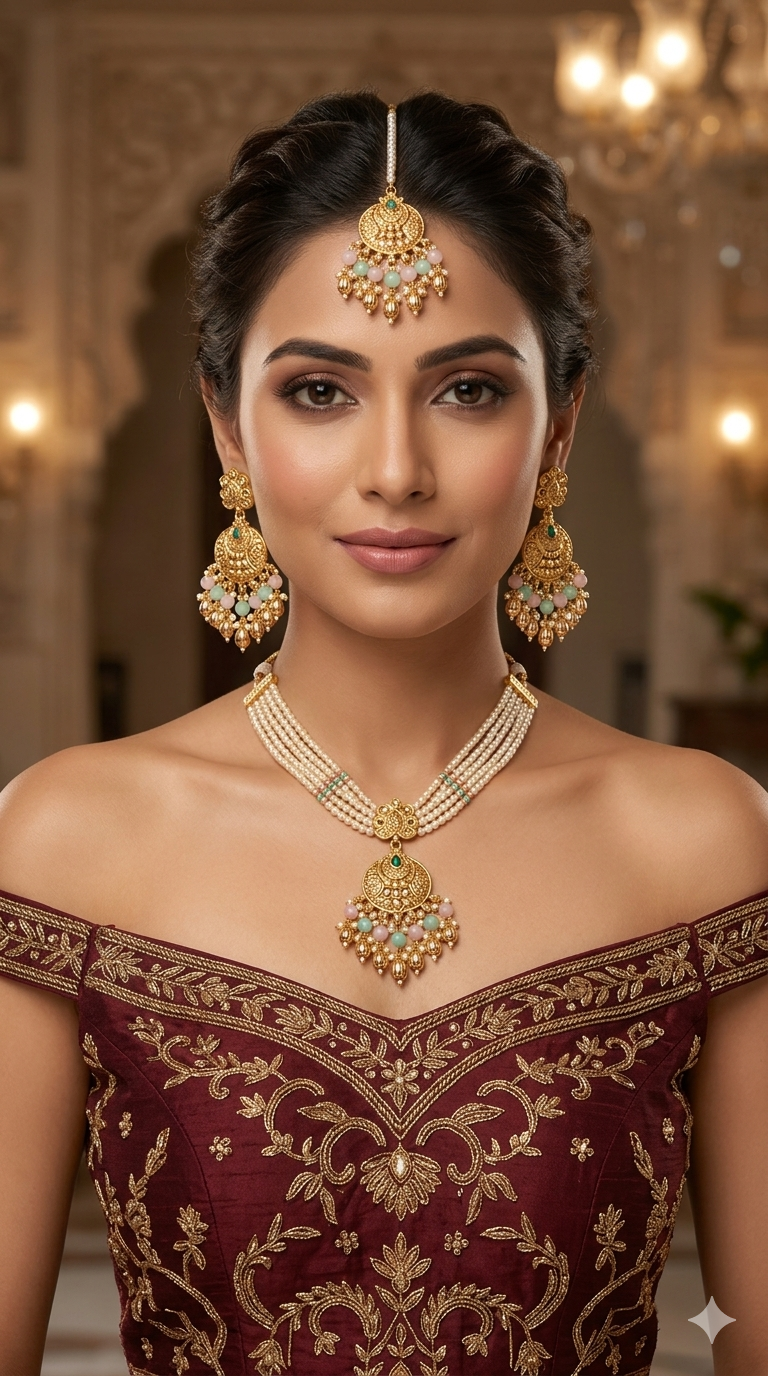Gold Polish Mint Pink Punjabi Look Palvir Necklace Sets