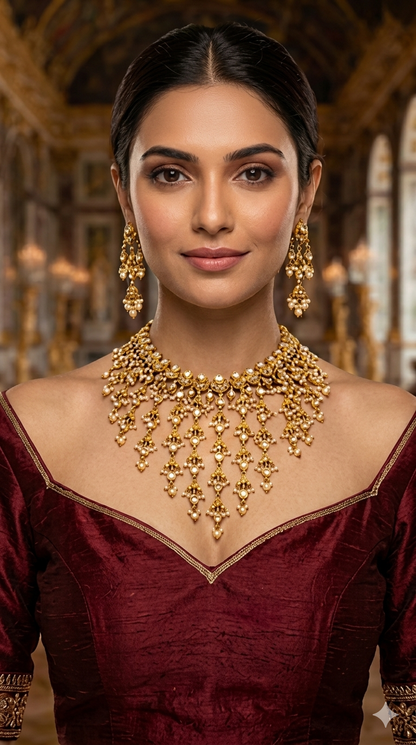 Gold White Waterfall Polki Necklace Jewellery Harveen Set