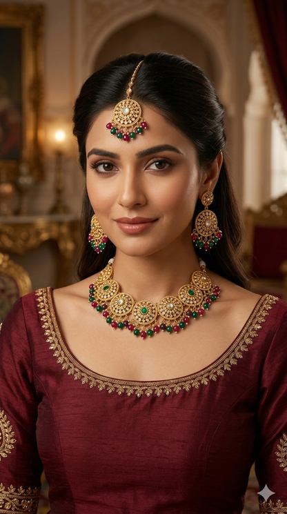 Gold Polki Ruby Green Necklace Jewellery veerpal Set