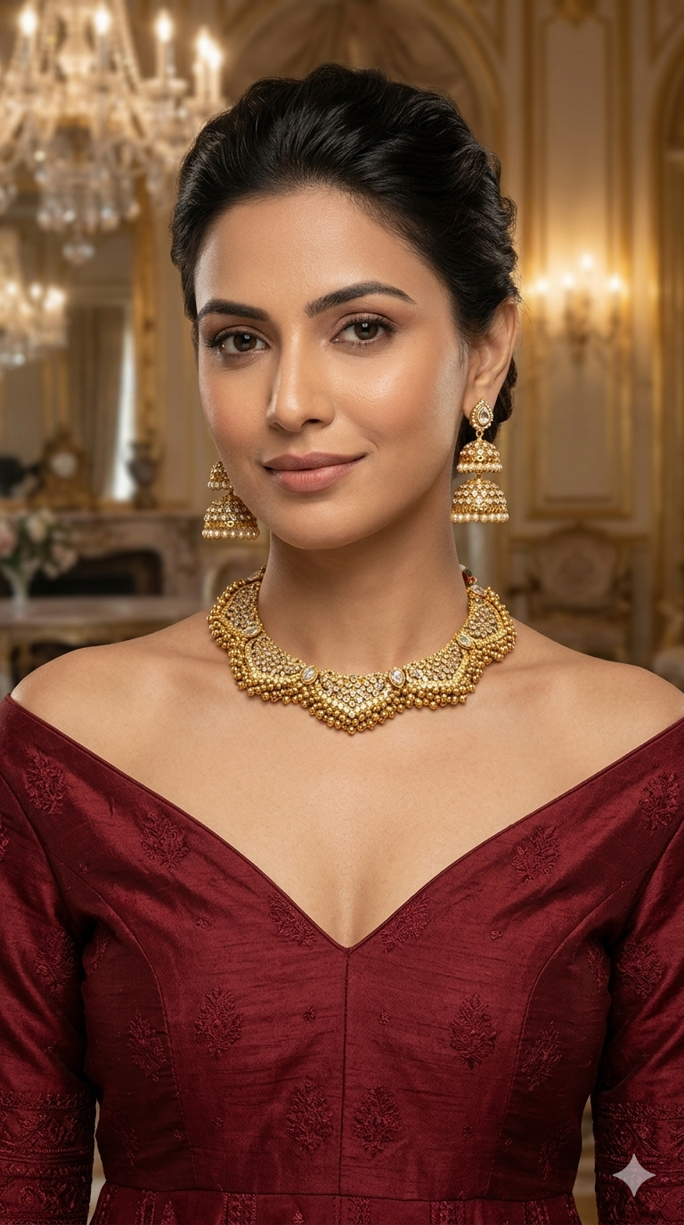 Gold White Polki Necklace Jewellery Harveen Set