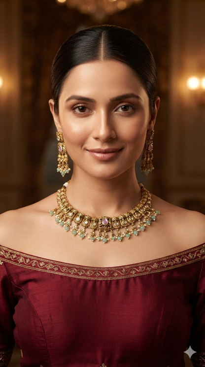 Gold Polki Necklace Jewellery Romi Set