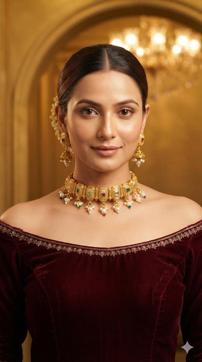 Gold Polki Multi Color Choker Rue Jewellery Polki Set