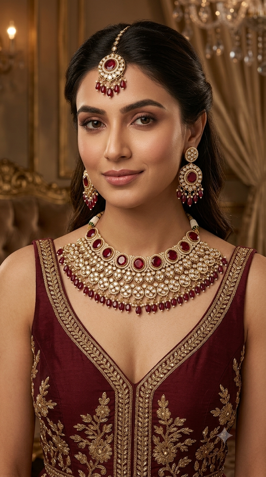 Gold Uncut Maroon Kundan Necklace Jewellery Param Set
