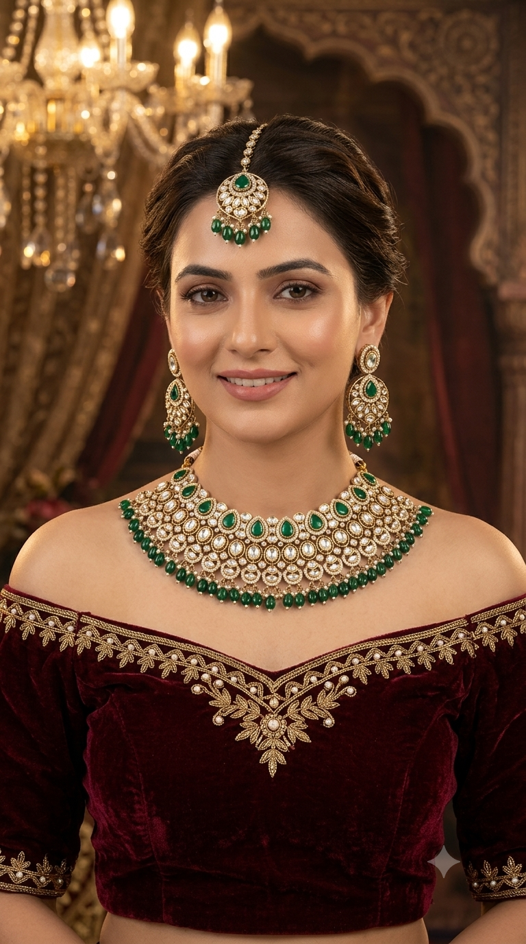 Gold Uncut Green Kundan Necklace Jewellery Param Set