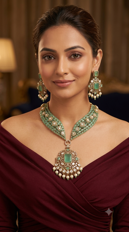 Antique Gold Mint Moissanite Kundan Cz Necklace Jewellery PvitaSet