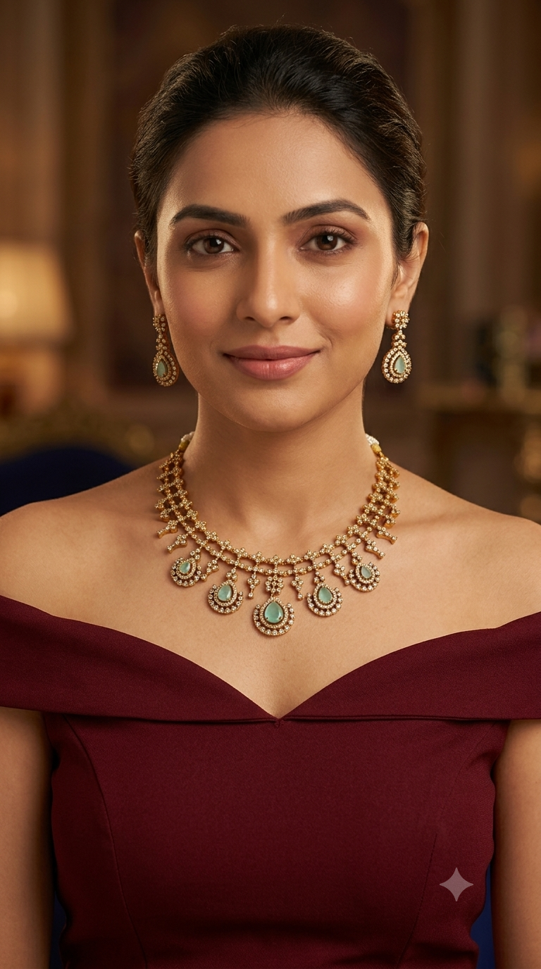 Antique Gold Mint  Cz Necklace Jewellery Pvita Set