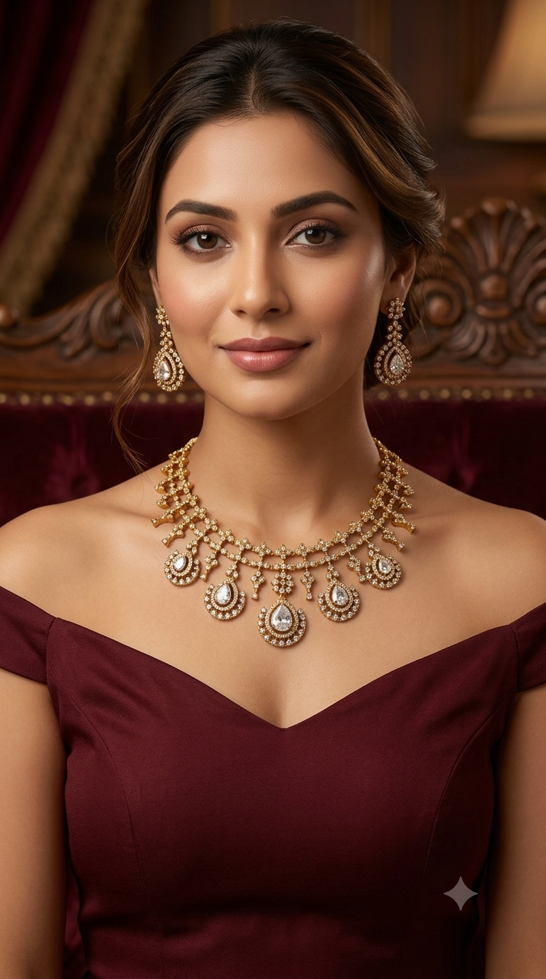 Antique Gold White  Cz Necklace Jewellery Pvita Set