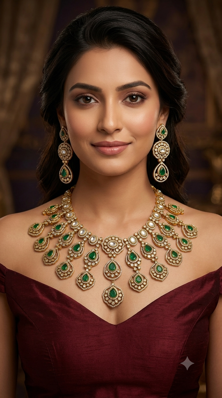 Antique Gold Green Moissanite Kundan  Cz Necklace Jewellery Pvita Set