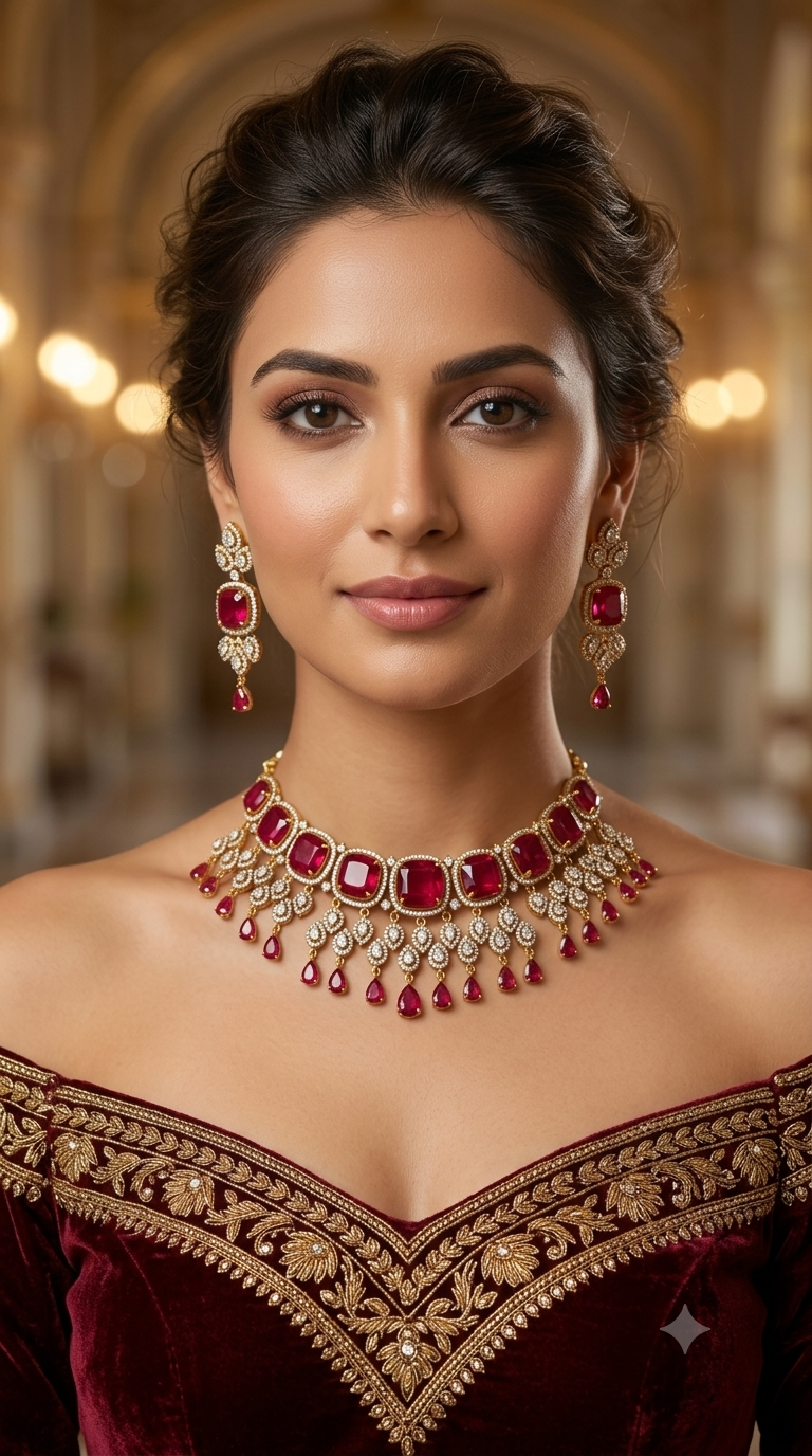 Antique Ruby CZ Stone Choker Jewellery Orika Set