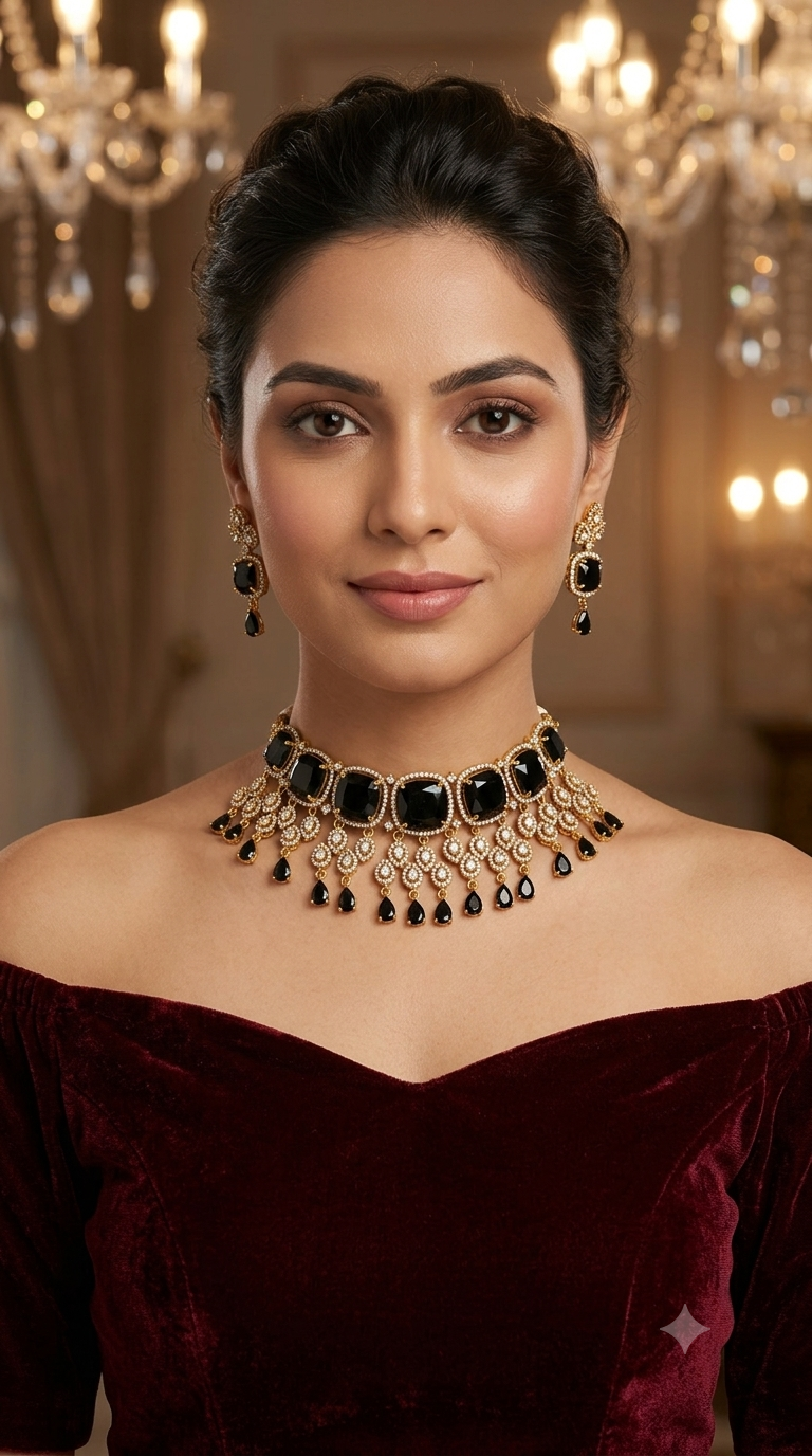 Antique Black CZ Stone Choker Jewellery Orika Set
